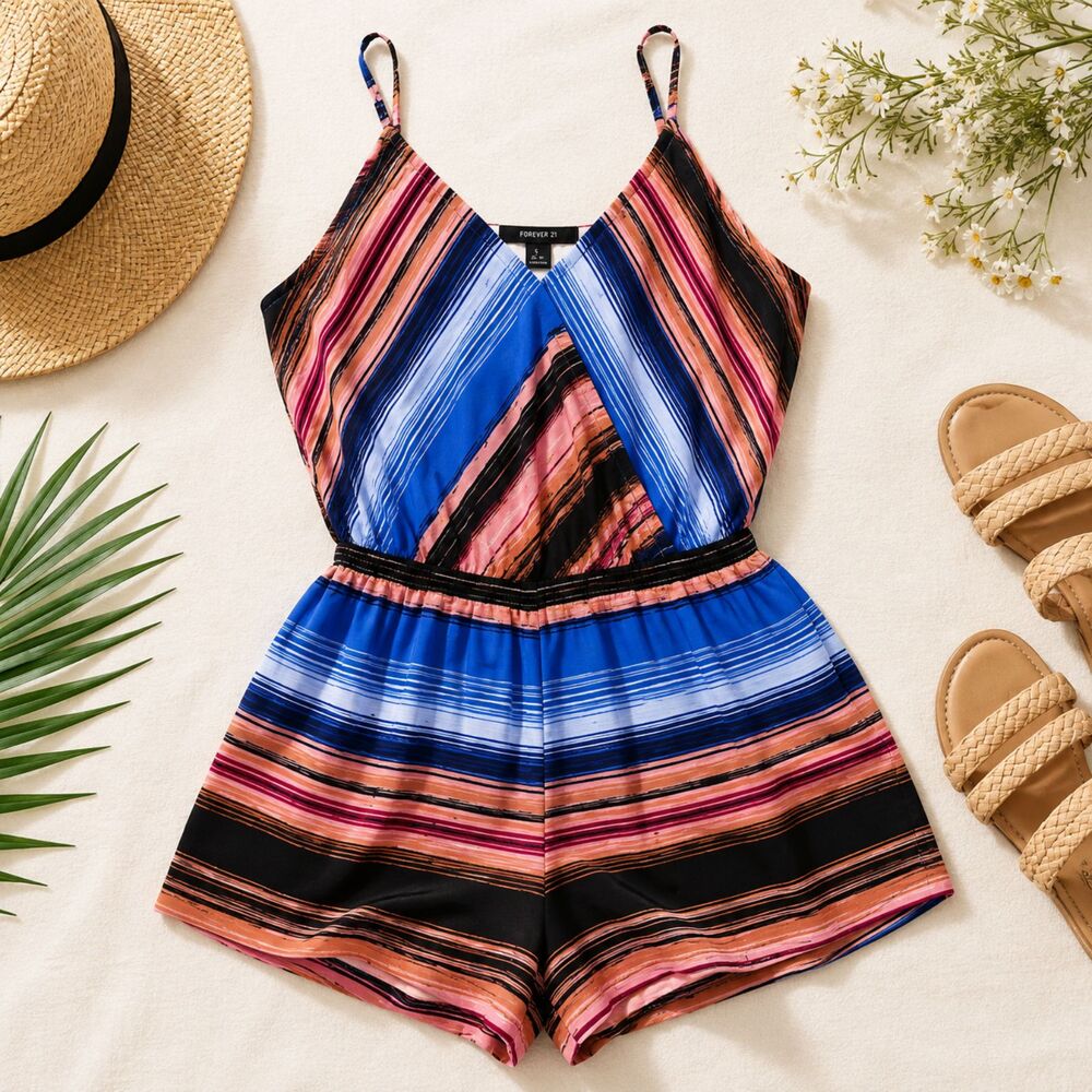 Forever 21 Striped Romper Small Multicolor Rayon Boho Vacation Festival